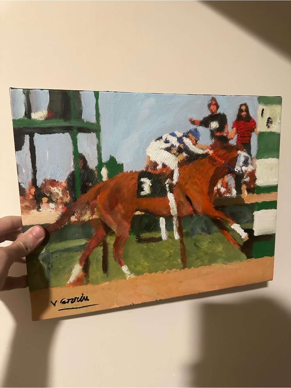 Secrateriet Original Horse Racing Canvas painting in Brown and Green 11x14